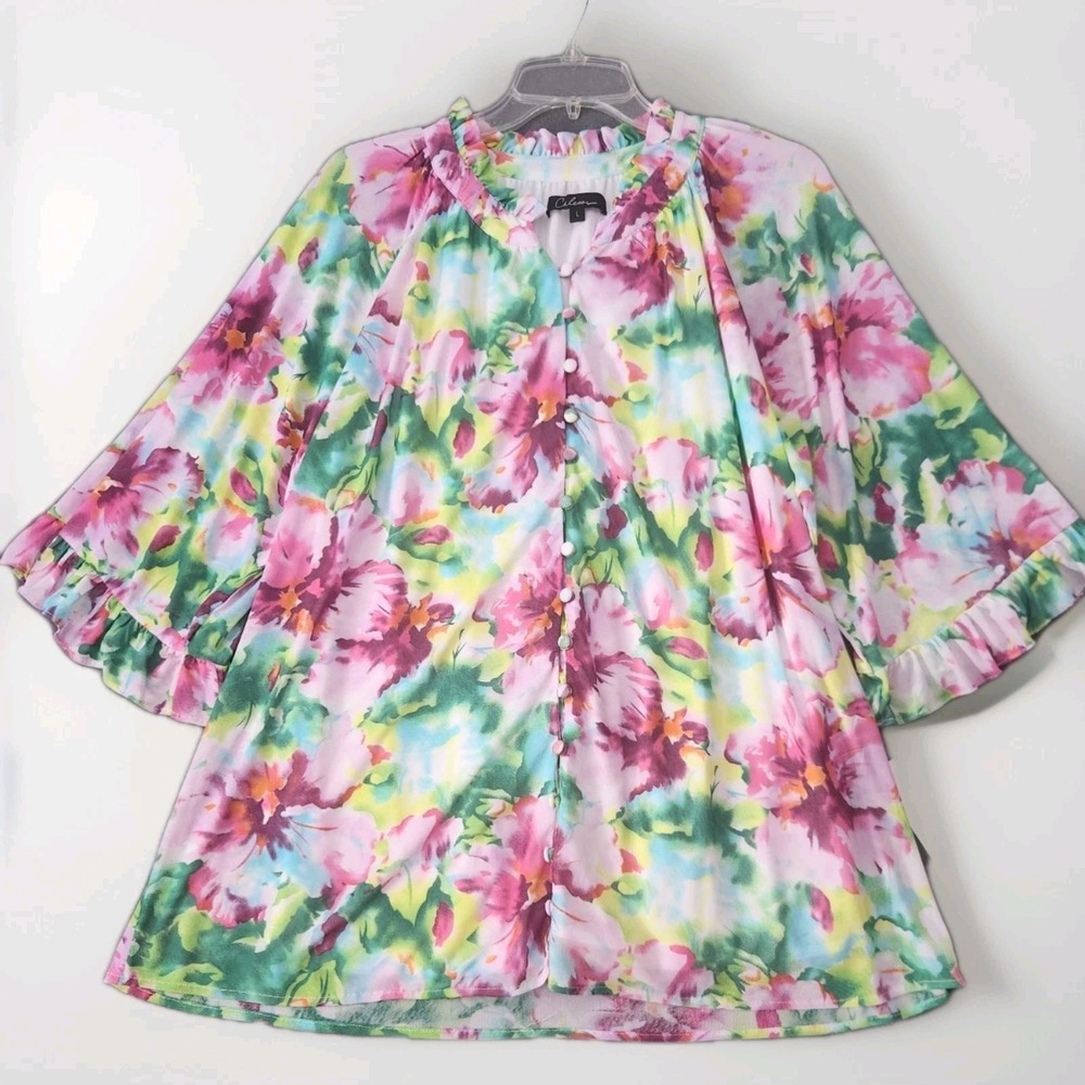 Calessa Chiffon Feminine‎ Soft Frilly 3/4 Sleeve Artsy Colorful Boho Top L NWT
